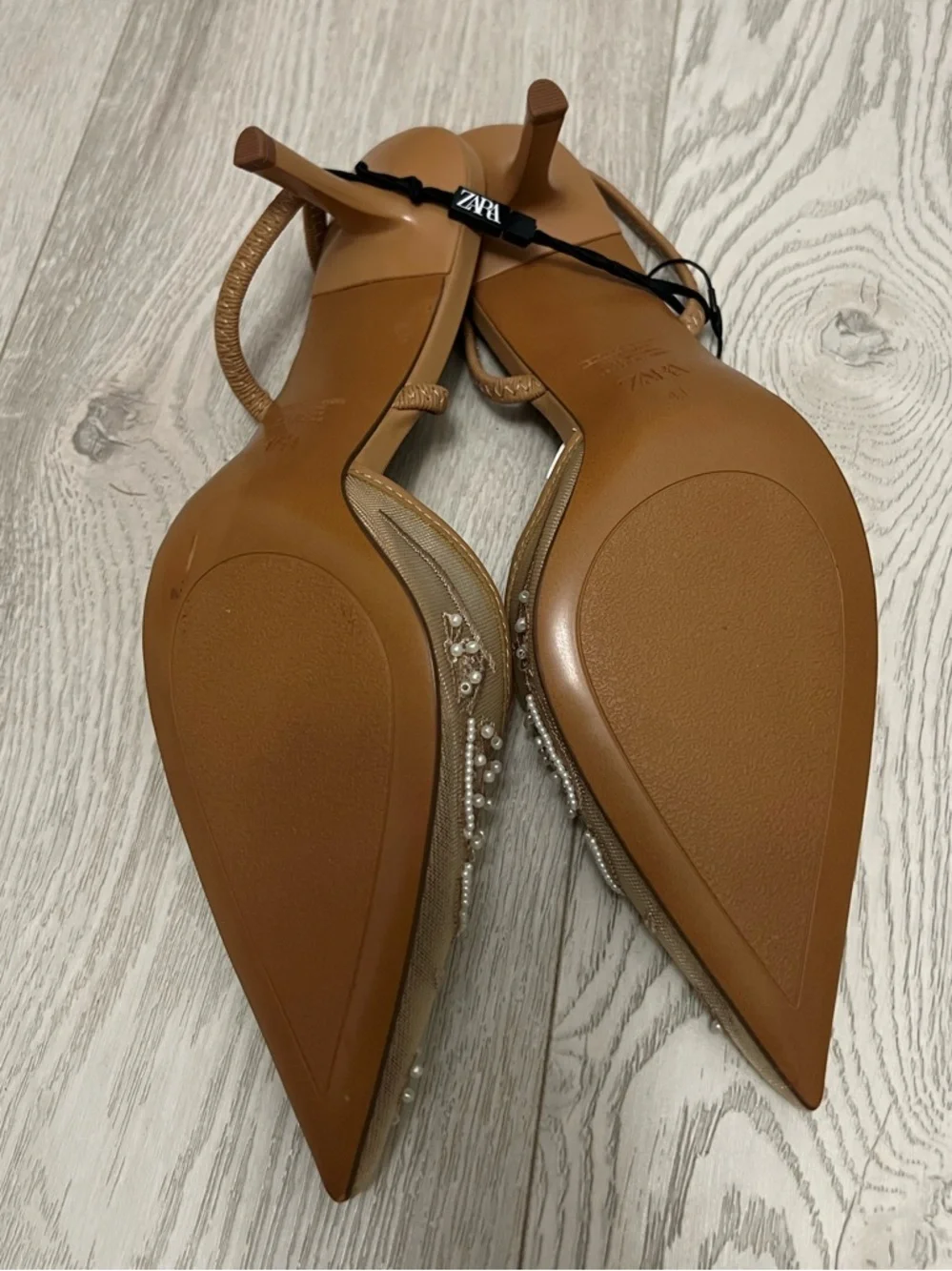 Zara tan embroidered & beaded mesh sling-back heels. 10 NWT